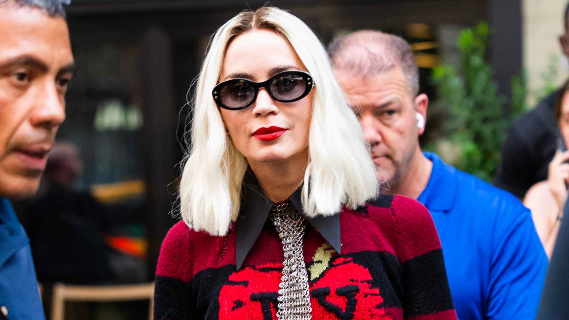 Emily Blunt wore a Coach sweater on the Devil Wears Prada 2 set