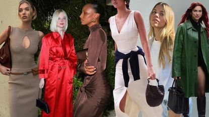 A collage of images of Elsa Hosk, Jasmine Tookes, Kendall Jenner, and Dua Lipa carrying designer bags.