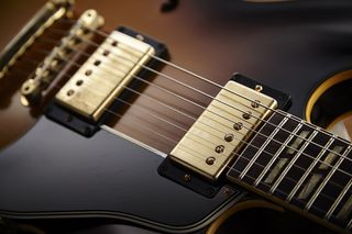 Description : Detail of the MHS Alnico III humbuckers on a Gibson 1964 ES-345 TD electric guitar, taken on October 21, 2014