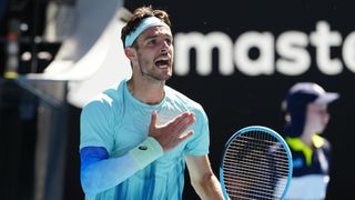 Lorenzo Musetti of Italy celebrating at the 2026 Australian Open at Melbourne Park