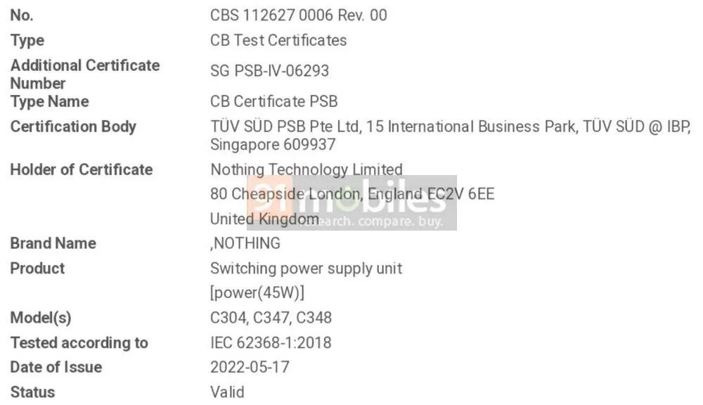 Nothing-branded charger certification