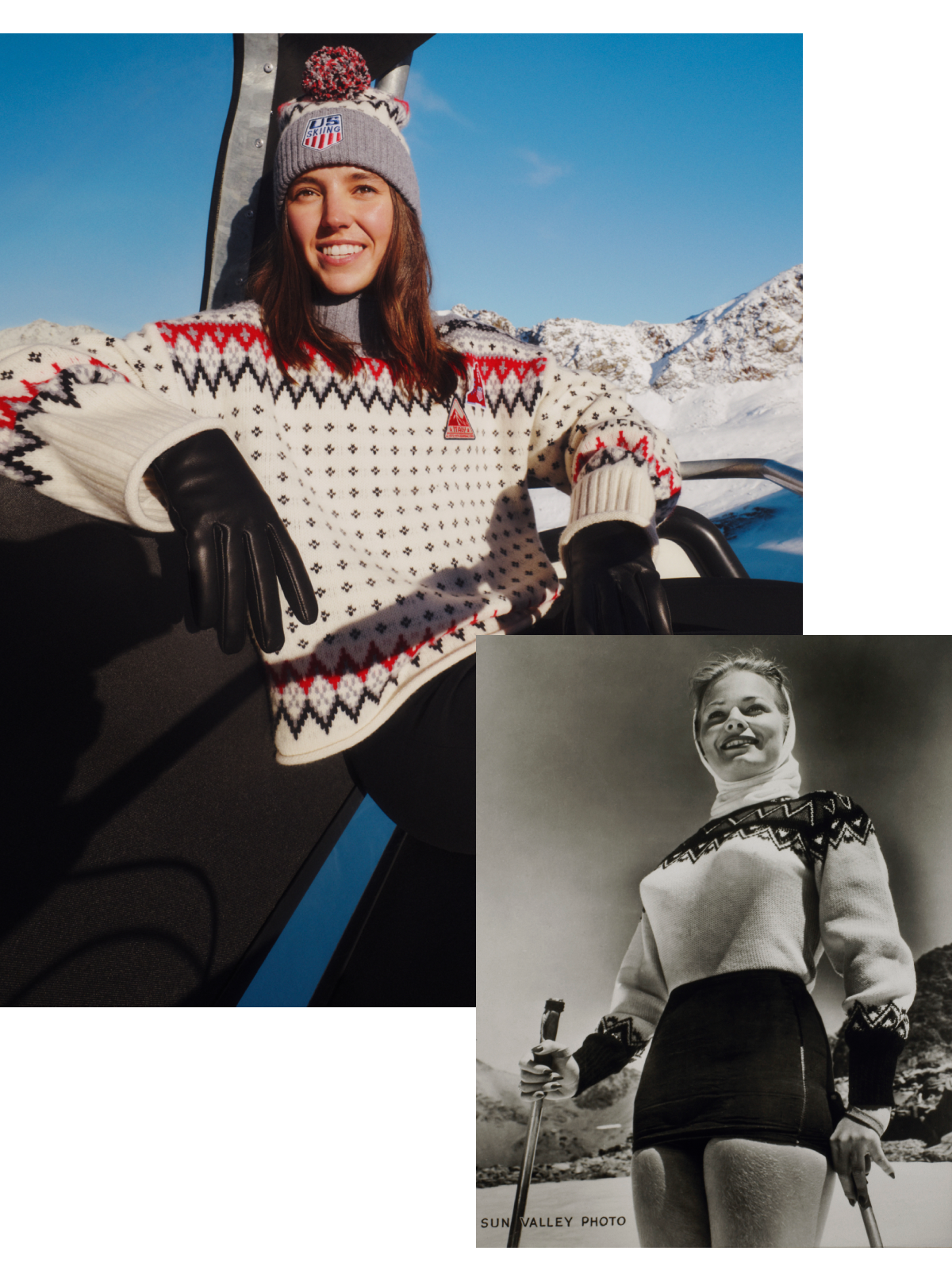 U.S. Ski &amp;amp; Snowboard athlete Tess Johnson wearing a white J.Crew fair isle sweater/Woman Modeling Latest Ski Fashion, Sun Valley, Idaho, USA, circa 1945. (