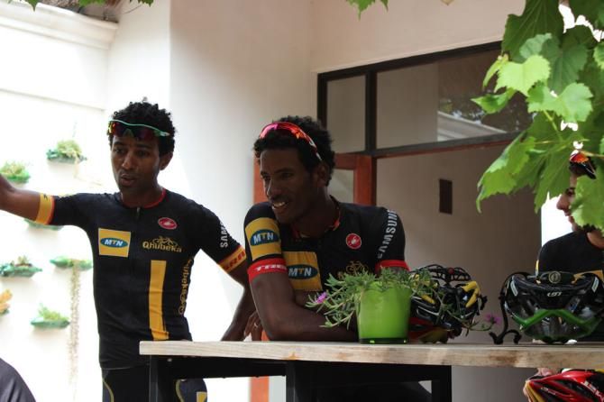 Eritrean riders Merhawi Kudus and Daniel Teklehaimanot.