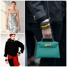 A collage of bangle bracelets from Carolina Herrera, Saint Laurent, and street style