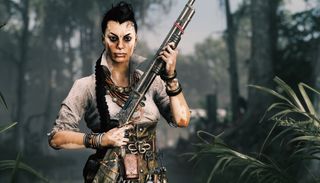 Hunt showdown female character holding shotgun staring forward boldly