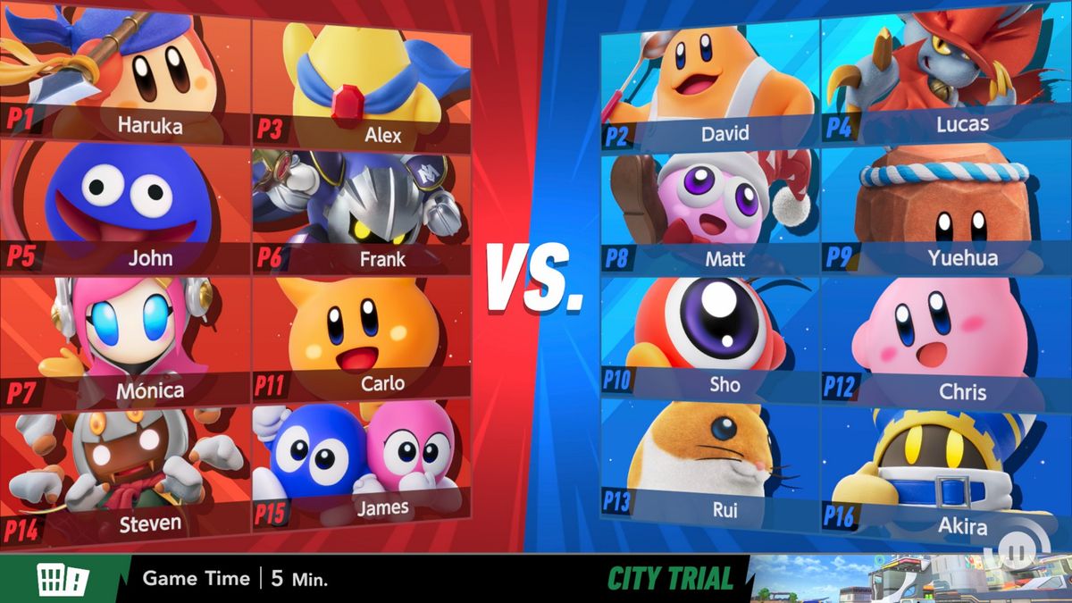 The opening slate for an 8v8 City Trail race in Kirby Air Riders