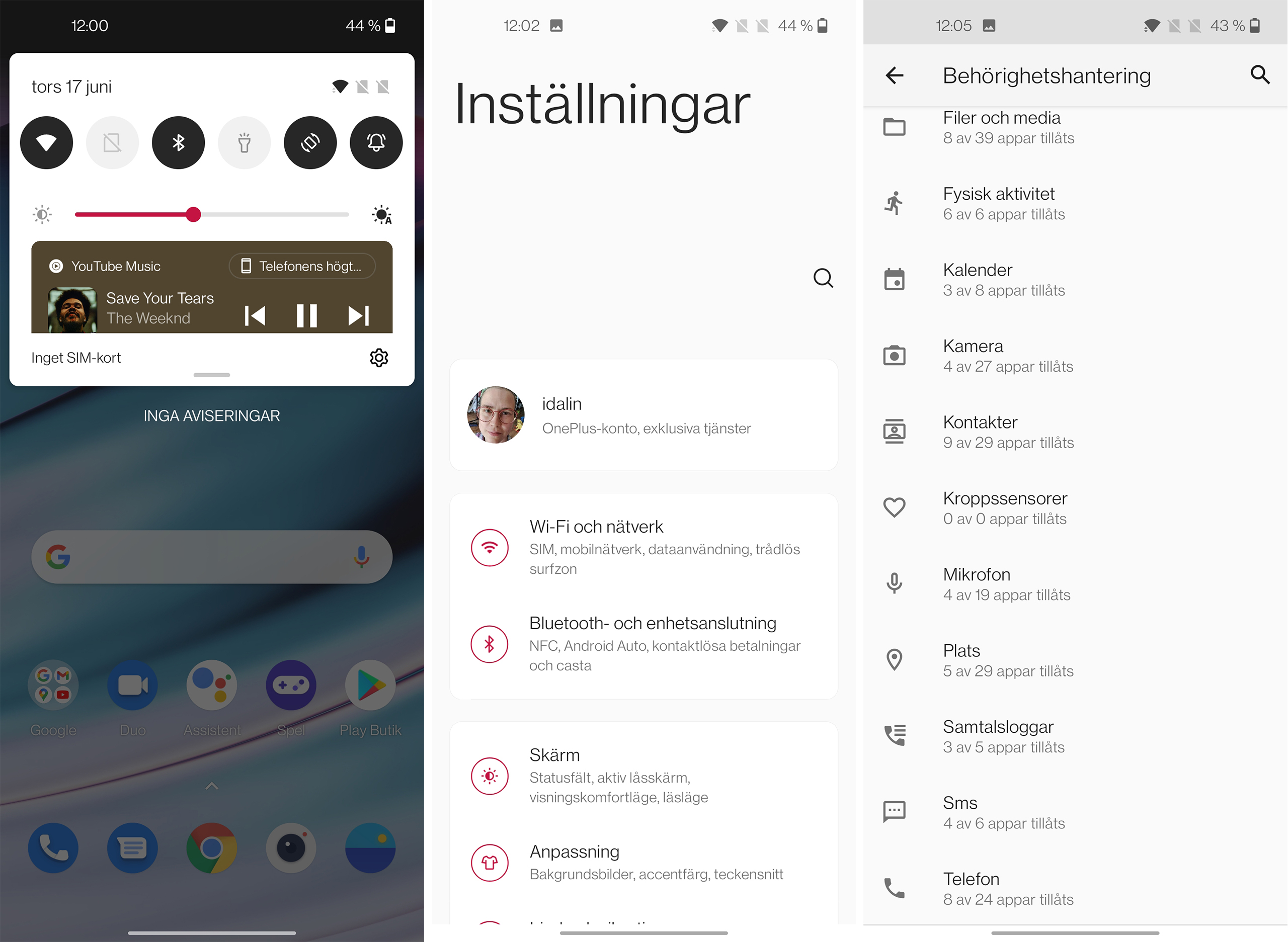 OnePlus Nord CE 5G, skärmdumpar från OxygenOS 11. Här visas musikkontroller, inställningar och behörighetshantering.