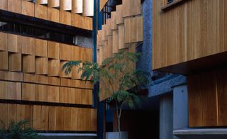Staggered panels of timber shutters seen from the courtyard