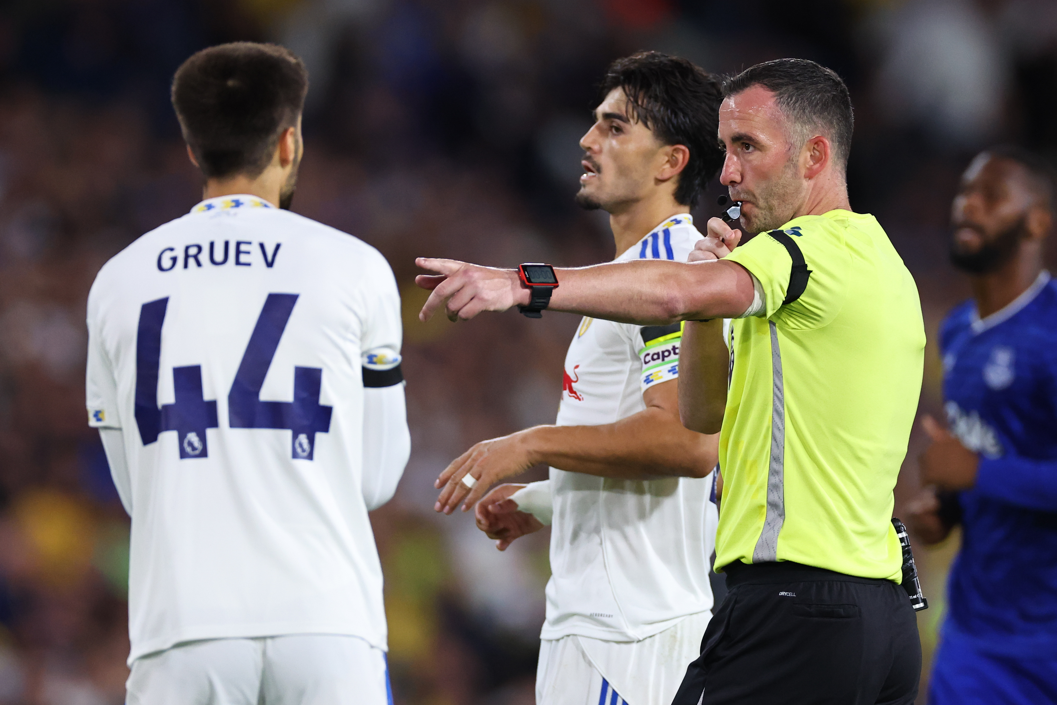 Everton are penalised for handball inside the 18-yard box against Leeds
