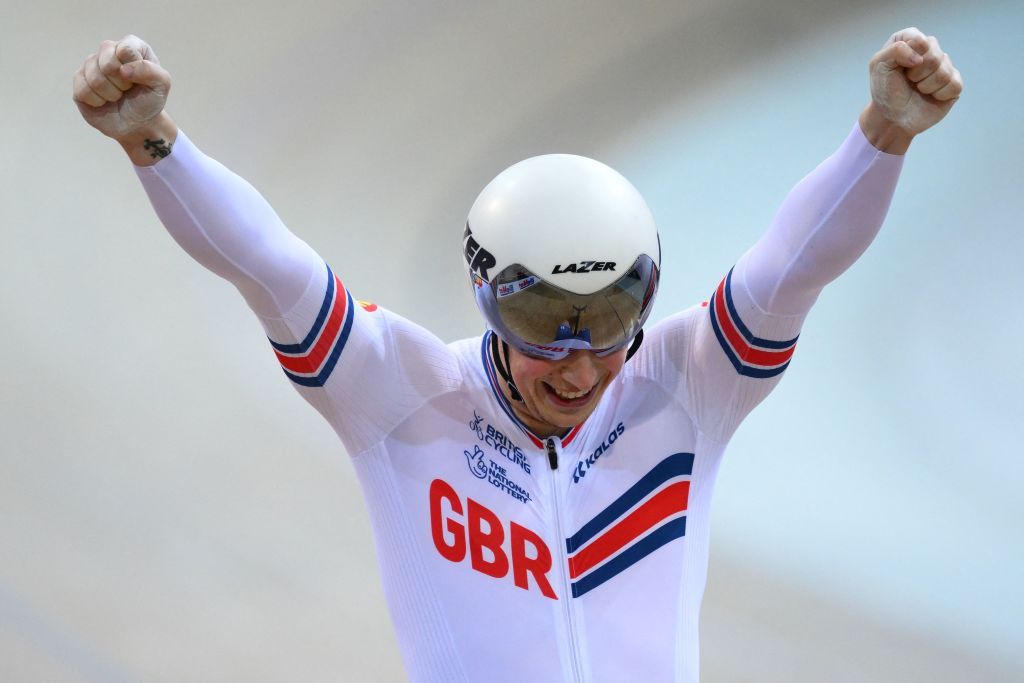 Great Britains Alistair Fielding celebrates his teams third place after competing in the Mens Team Sprint finals during the UCI Track Cycling World Championships at the Velodrome of SaintQuentinenYvelines southwest of Paris on October 12 2022 Photo by AnneChristine POUJOULAT AFP Photo by ANNECHRISTINE POUJOULATAFP via Getty Images