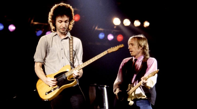 Mike Campbell and Tom Petty of Tom Petty and the Heartbreakers perform onstage in the late 1970s. Campbell is playing the rare 1950 Fender Broadcaster he purchased for $600 in 1976.