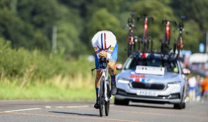 Josh Tarling time trialling at Glasgow Worlds