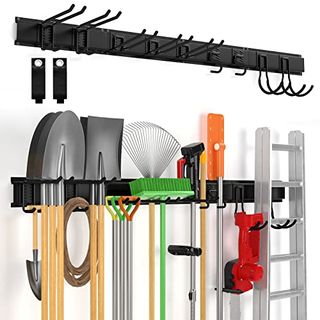 Ailadl Wall Mount Tool Storage Rack, 15 Pcs Heavy Duty Steel Yard Garden Tool Organizer, Garage Tool Organizer Wall Mounted Storage System Hold Up to 550lbs, With 2 Extension Cord