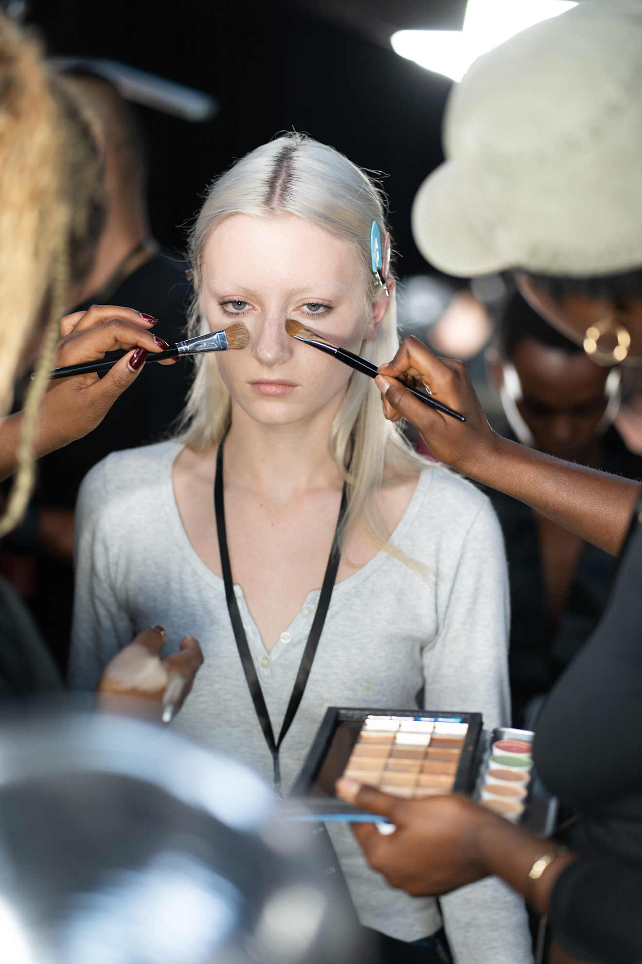 Model having color corrector applied backstage at Jason Wu spring/summer 2026.