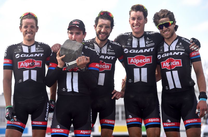 The Giant-Alpecin team celebrates on the podium in 2015