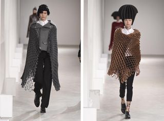 Image one - woman in black trousers and white shirt with grey jacket with 3D honeycomb effect details. Image two - woman in black trousers and white shirt with a brown 3D shawl and a black 3D hat