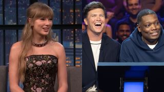 Taylor Swift smiling on Late Night with Seth Meyers and Colin Jost laughing and Michael Che smiling on Who Wants to be a Millionaire. 