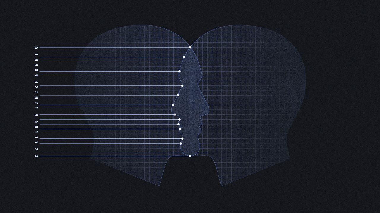 Illustration of two silhouetted faces in profile, with a wireframe highlighting features against a barcode