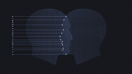 Illustration of two silhouetted faces in profile, with a wireframe highlighting features against a barcode