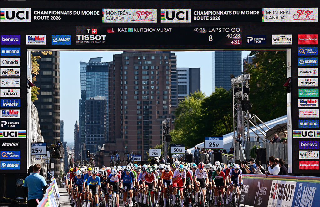 A general view of the peloton competing during the 99th UCI Road World Championships Montreal 2026, Men Junior Road Race