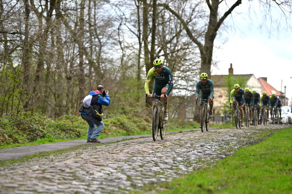 ROUBAIX FRANCE APRIL 05 Jordi Meeus of Belgium and Team BORA hansgrohe trains at the Troue dArenberg cobblestones sector during the 121st ParisRoubaix 2024 Previews UCIWT on April 05 2024 in Roubaix France Photo by Luc ClaessenGetty Images