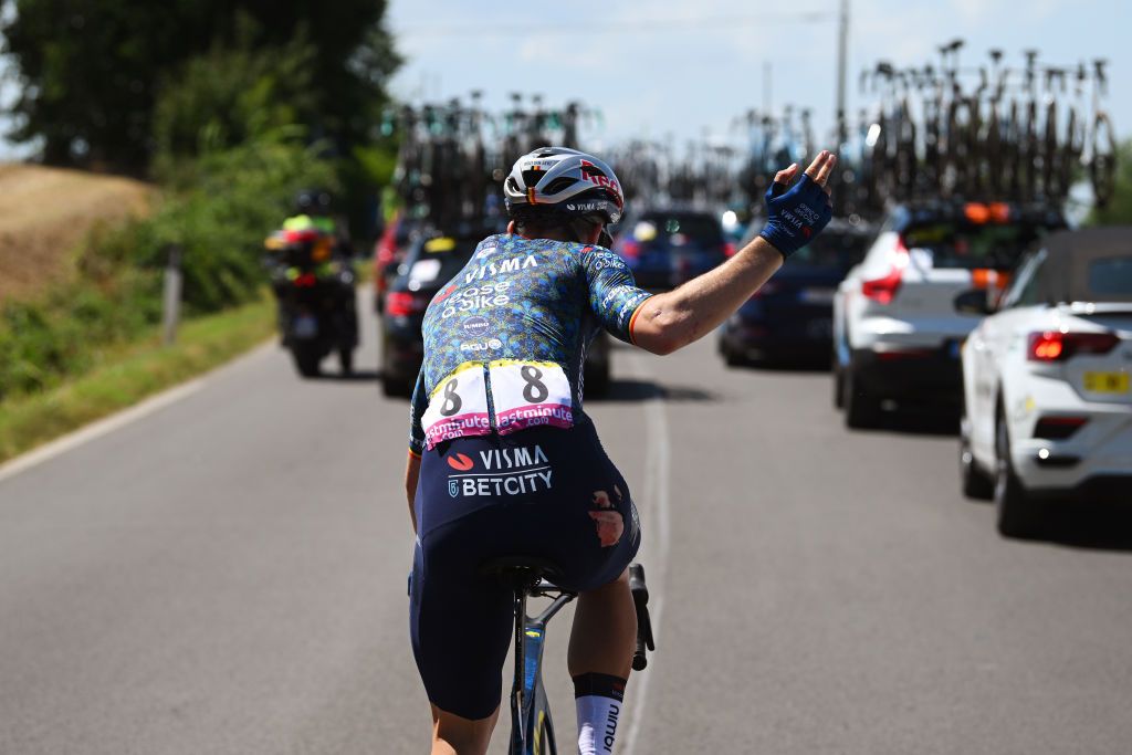 BOLOGNA ITALY JUNE 30 Detailed view of Wout Van Aert of Belgium and Team Visma Lease a Bike injured after falling during the 111th Tour de France 2024 Stage 2 a 1992km stage from Cesenatico to Bologna UCIWT on June 30 2024 in Bologna Italy Photo by Dario BelingheriGetty Images