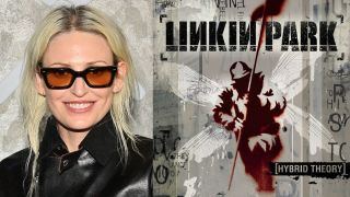 Emily Armstrong smiling and the Hybrid Theory album art
