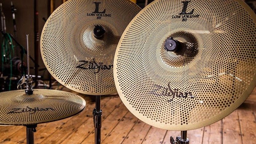 A set of Zildjian low volume cymbals in a studio