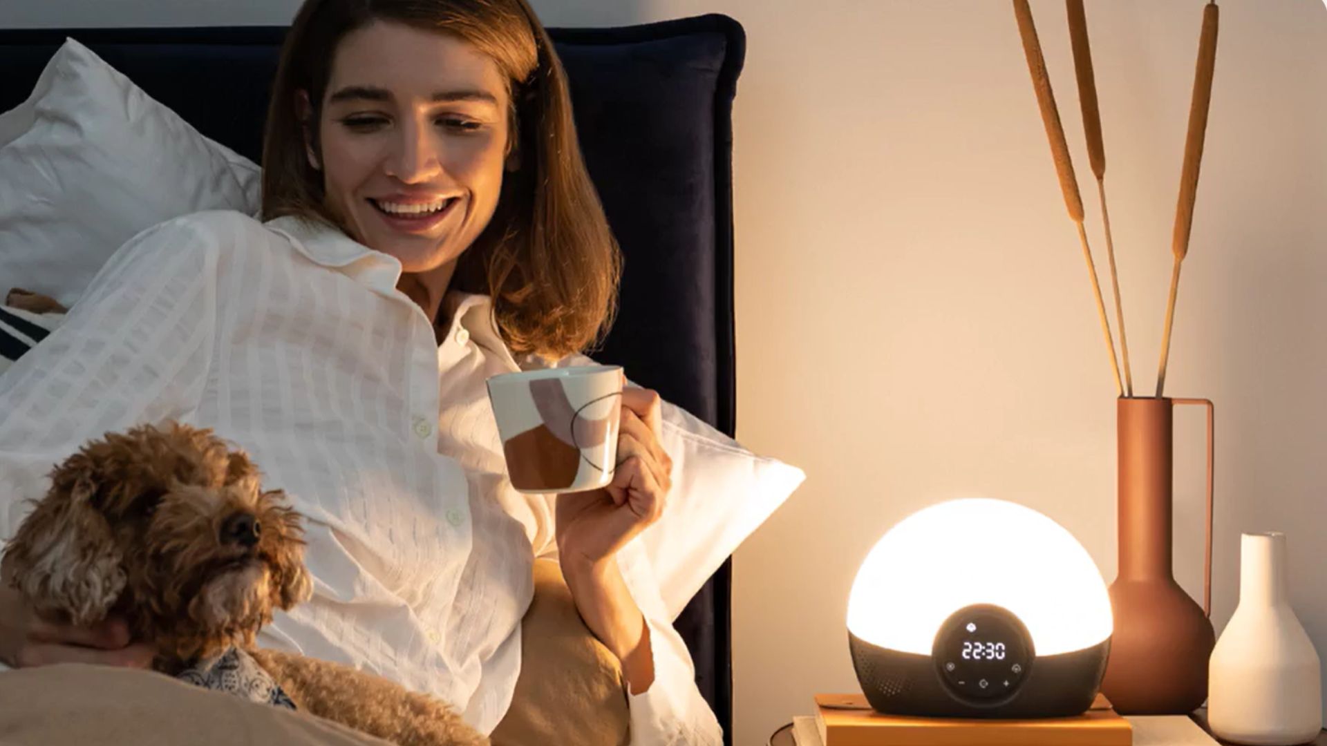 A woman reading in bed with cup of tea and dog with her Lumie Bodyclock Glow 150 on bedside table