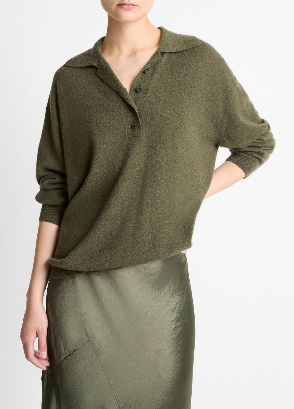 Cashmere-Silk Wide-Placket Polo Sweater