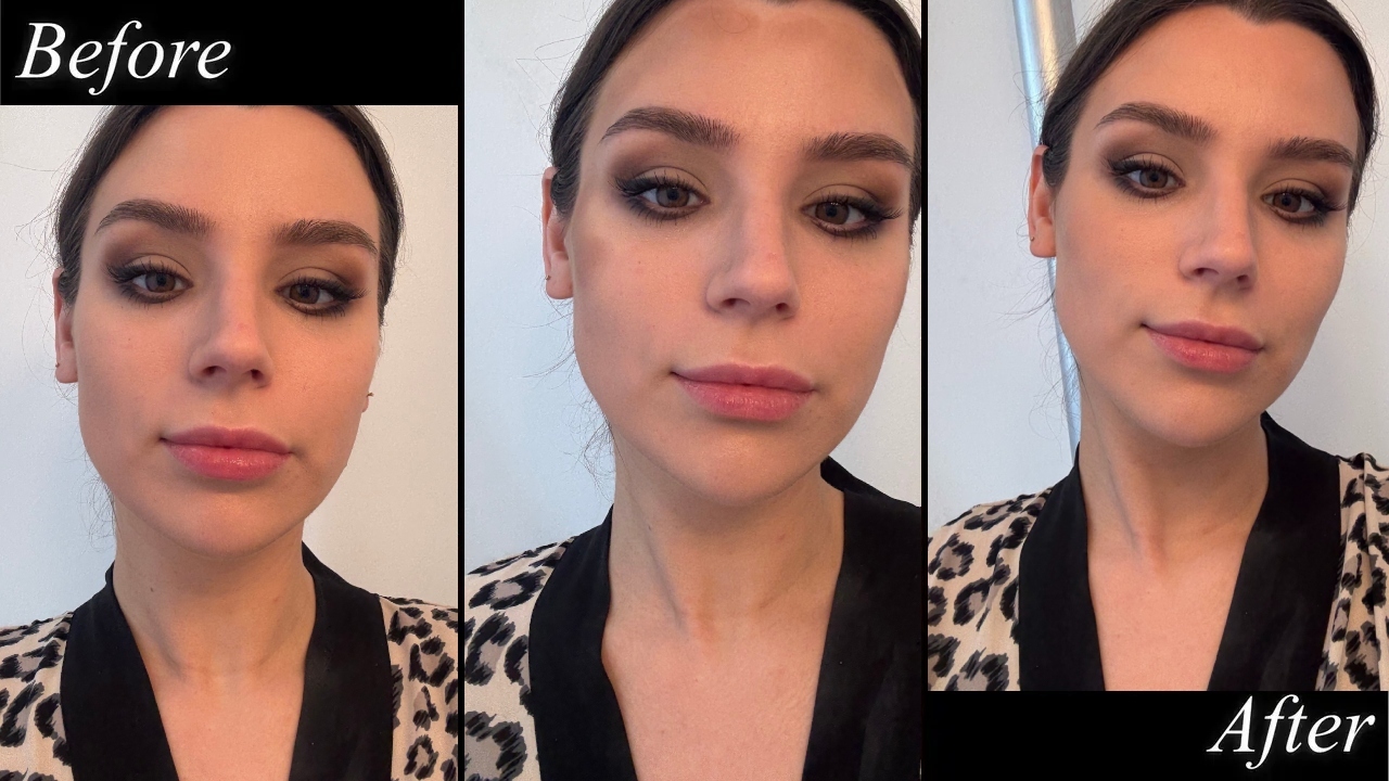 Before, during, and after photos of Siena Gagliano testing mary phillips m.ph makeup line with black border and "before" and "after" text