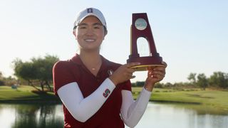 Rose Zhang with the NCAA women’s Golf Championship trophy