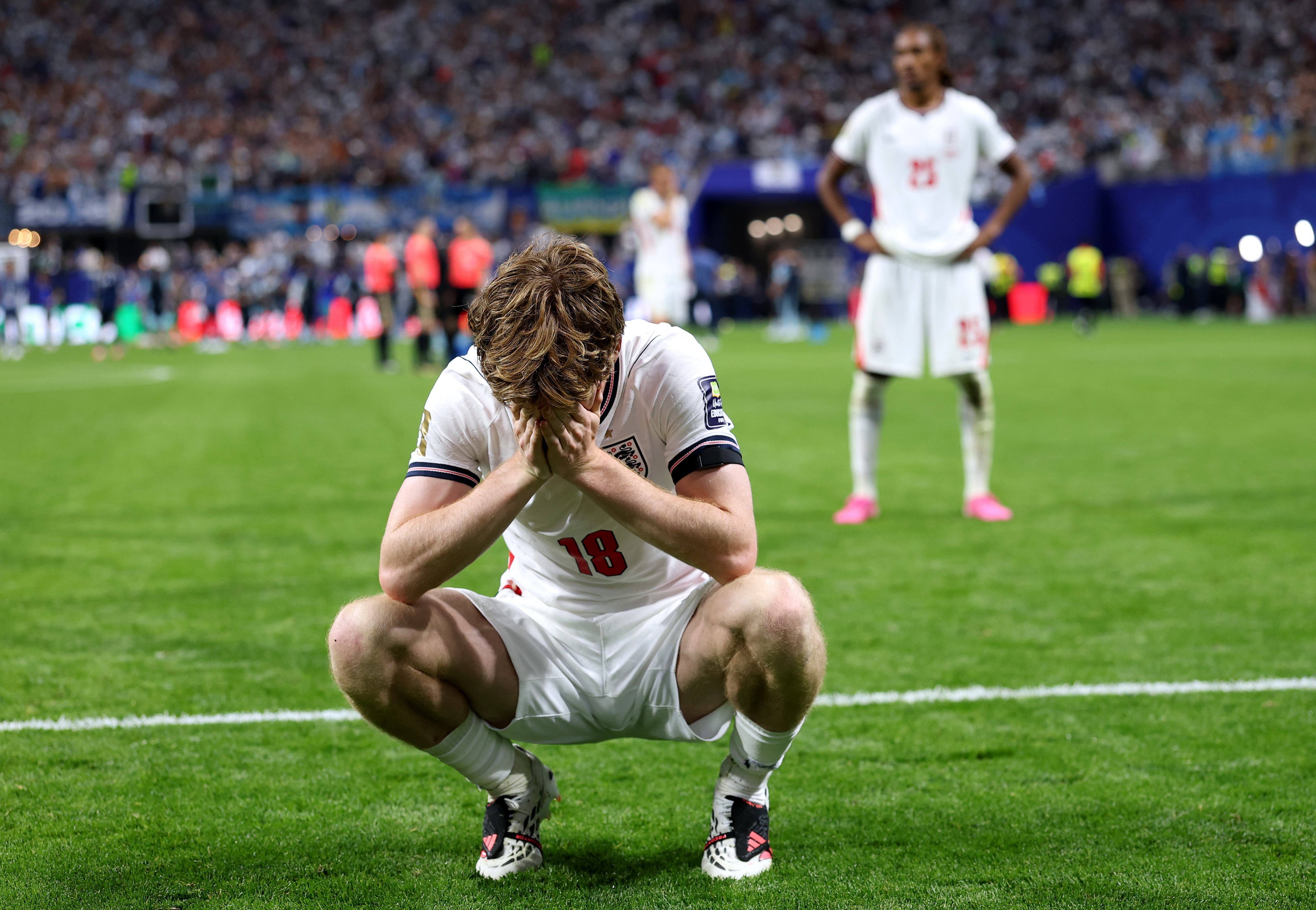 ATLANTA, GEORGIA - JULY 15: Anthony Gordon #18 of England reacts after the 1-2 loss during the FIFA World Cup 2026 Semi Final match between England and Argentina at Atlanta Stadium on July 15, 2026 in Atlanta, Georgia. (Photo by Michael Regan - FIFA/FIFA via Getty Images)