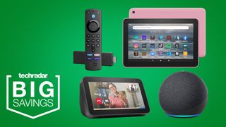 Echo Dot, Echo Show, Fire Stick and Fire Tab on a green background 