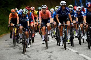 ALPE DHUEZ FRANCE AUGUST 18 LR Demi Vollering of The Netherlands and Team SD Worx Protime Sara Martin of Spain and Movistar Team and Juliette Labous of France and Team dsmfirmenich PostNL compete during the 3rd Tour de France Femmes 2024 Stage 8 a 1499km stage from Le GrandBornand to Alpe dHuez 1828m UCIWWT on August 18 2024 in Alpe dHuez France Photo by Alex BroadwayGetty Images