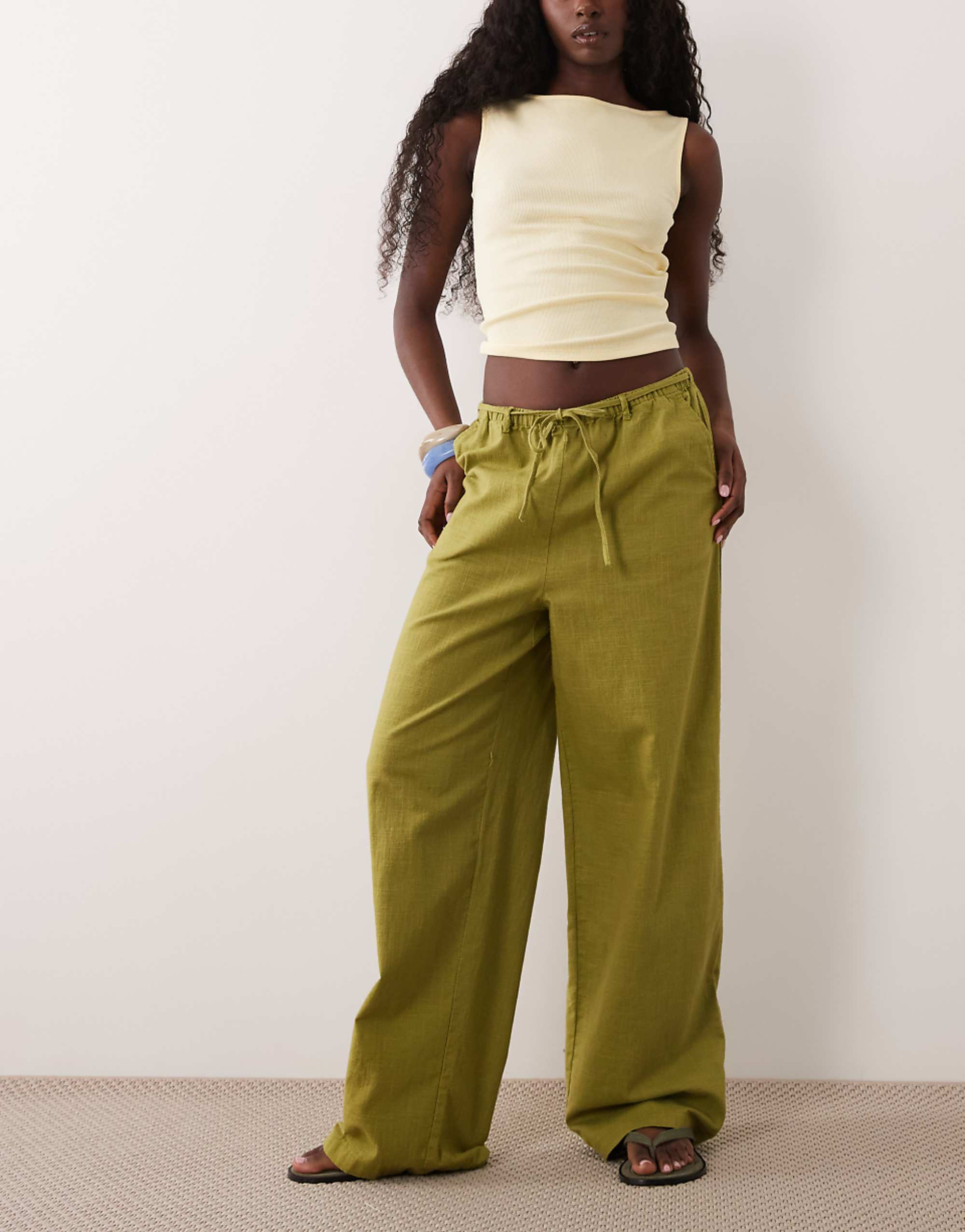 Asos Design Linen Look Pull on Pants in Olive