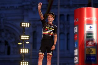 Primoz Roglic celebrates third place overall in the 2023 Vuelta a España