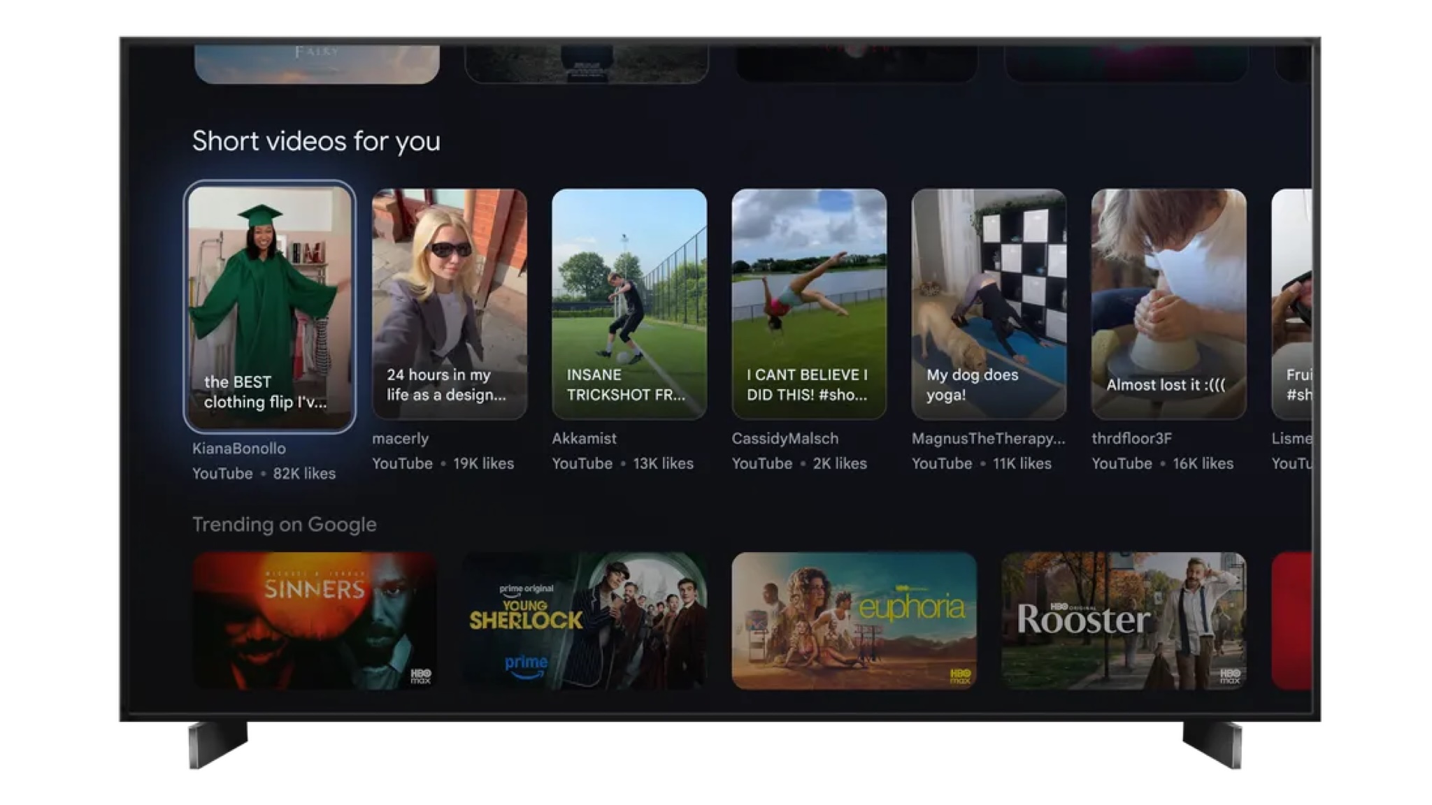 A photograph of the updated Google TV homescreen showing short vertical videos