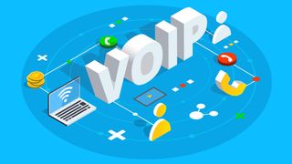 Digital illustration of the word VoIP surrounded by telephony equipment
