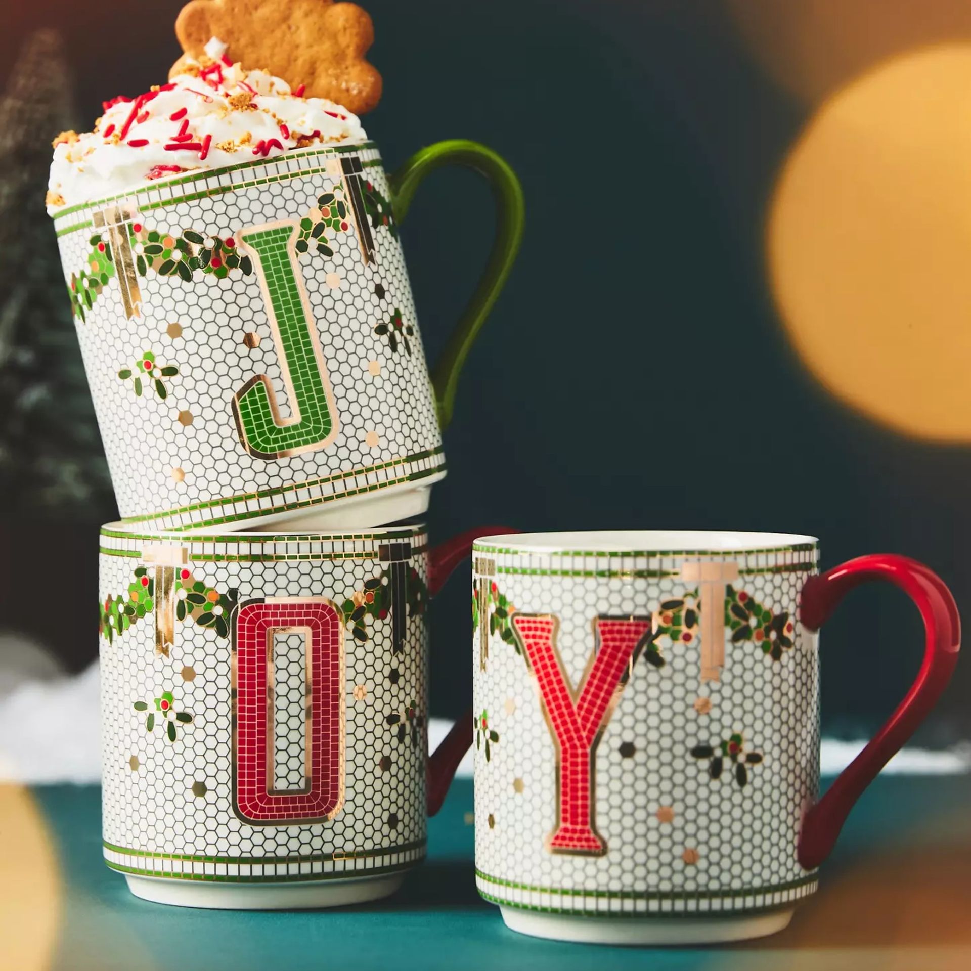 Anthropologie Festive Bistro Tile Monogram Mugs spelling 'joy'