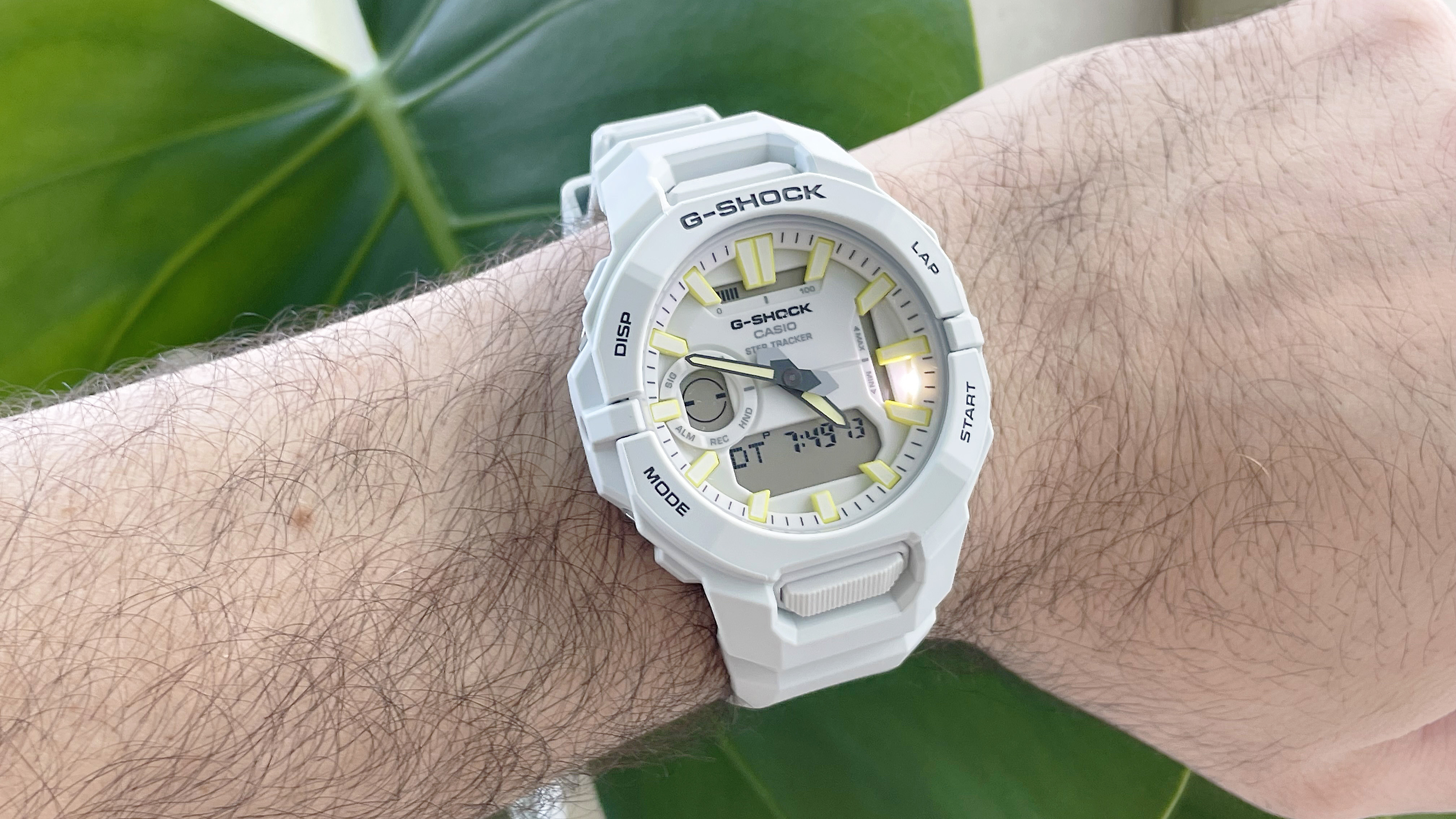 Close-up of the Casio G-Shock Move GBA950 fitness-tracking smartwatch on the writer's wrist