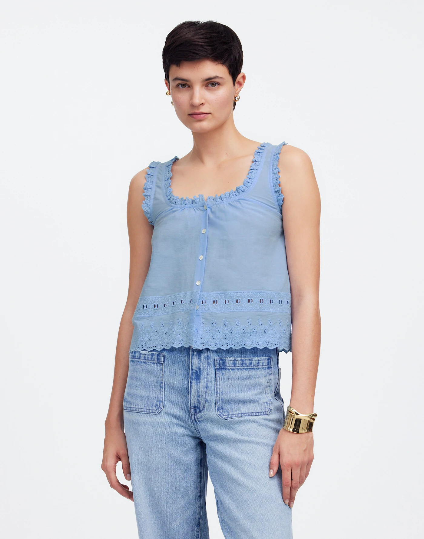 Madewell, Embroidered Ruffle-Trim Top