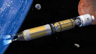 Artist's concept of a nuclear thermal rocket. Such vehicles could help humanity get to Mars and other planets in the solar system.