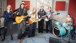 Justin Hawkins with students in the recording studio at Hereford Cathedral School 
