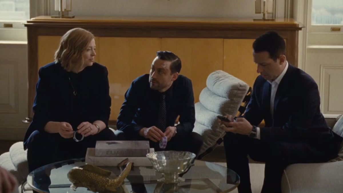 The Roy Siblings from Succession (Sarah Snook as Shiv, Kieran Culkin as Roman, and Jeremy Strong as Kendall)