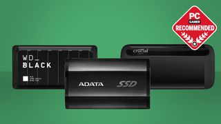 Three of the best external SSDs on a green background