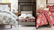 A three panel image of what's on sale in the Pottery Barn bedding sale 