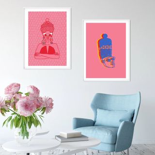 Pink background art prints with people