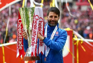 Danny Cowley, manager of Lincoln City lifts the trophy after victory during the Checkatrade Trophy Final between Shrewsbury Town and Lincoln City at Wembley Stadium on April 8, 2018 in London, England.