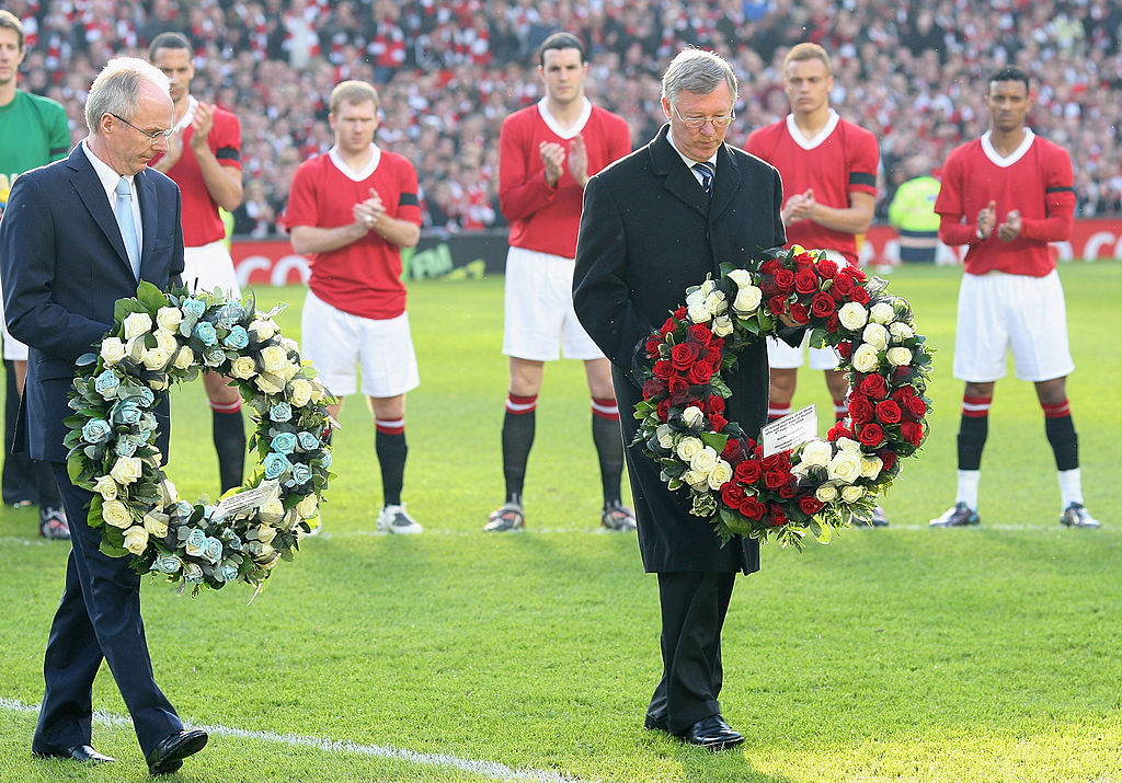 Sir Alex Ferguson of Manchester United and Sven-Goran Eriksson of Manchester City lay wreaths in memory of the 23 victims of the Munich Air Disaster ahead of the Barclays FA Premier League match between Manchester United and Manchester City at Old Trafford on February 10 2008 in Manchester, England.